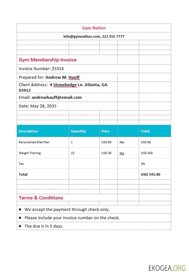Modèle de facture d'adhésion à un gymnase